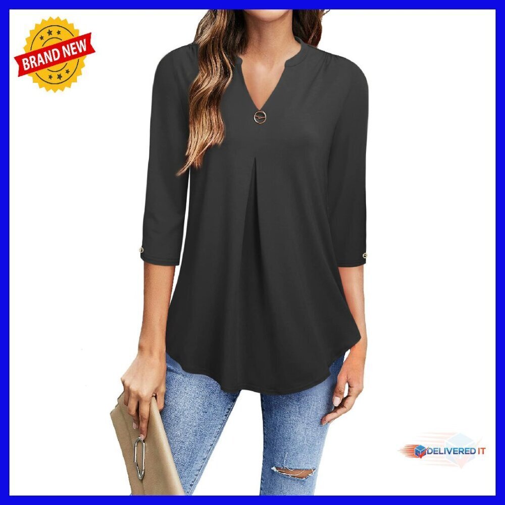 Women's 3/4 Sleeve V-Neck Tunic Top, Polyester/Spandex, Loose Fit